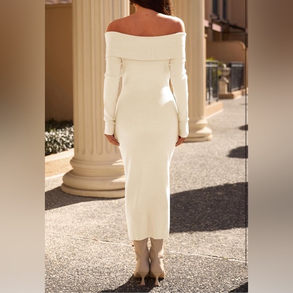 MEROKEETY Off Shoulder Bodycon Sweater Formal Long Sleeve ElegantMidi Maxi Dress - Picture 2 of 4